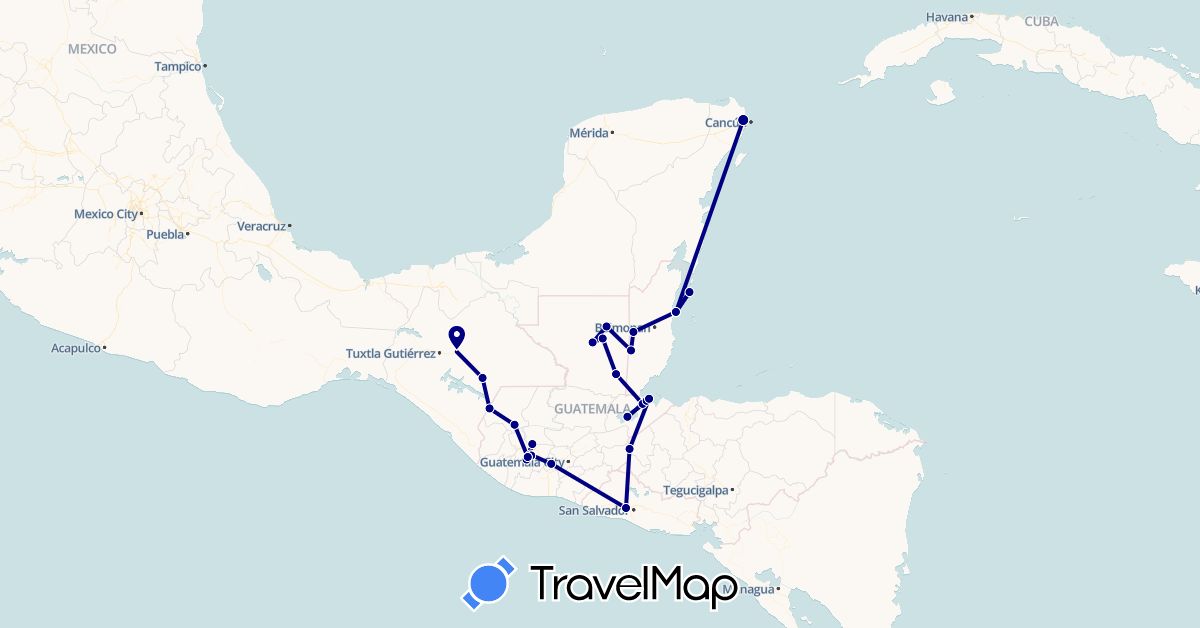 TravelMap itinerary: driving in Belize, Guatemala, Honduras, Mexico, El Salvador (North America)